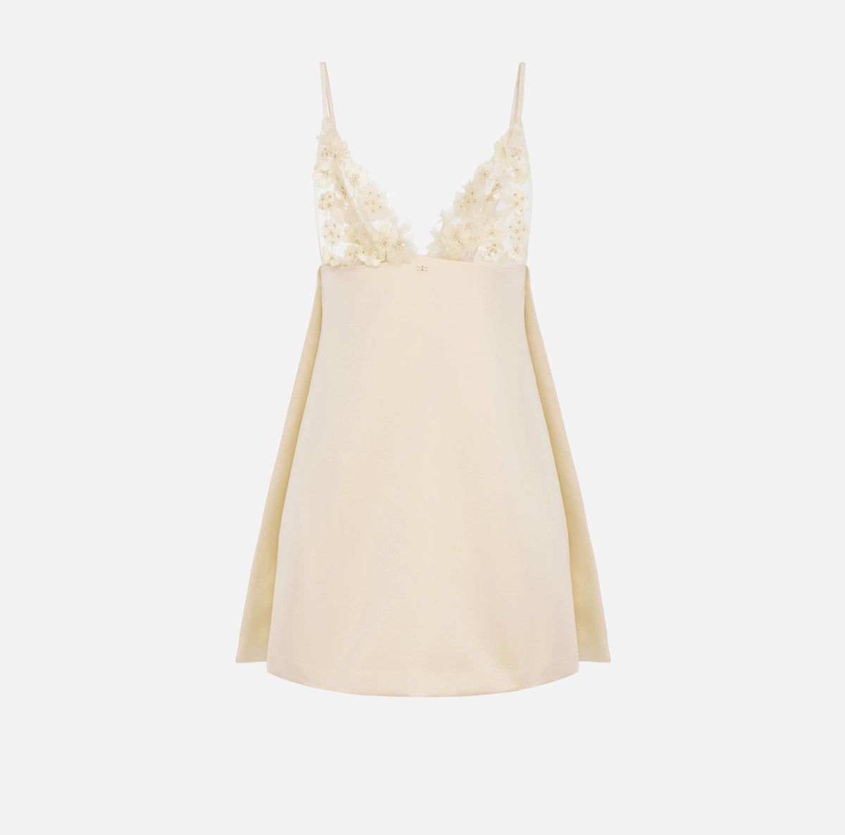 Cream duchesse satin baby doll mini dress with floral embroidery