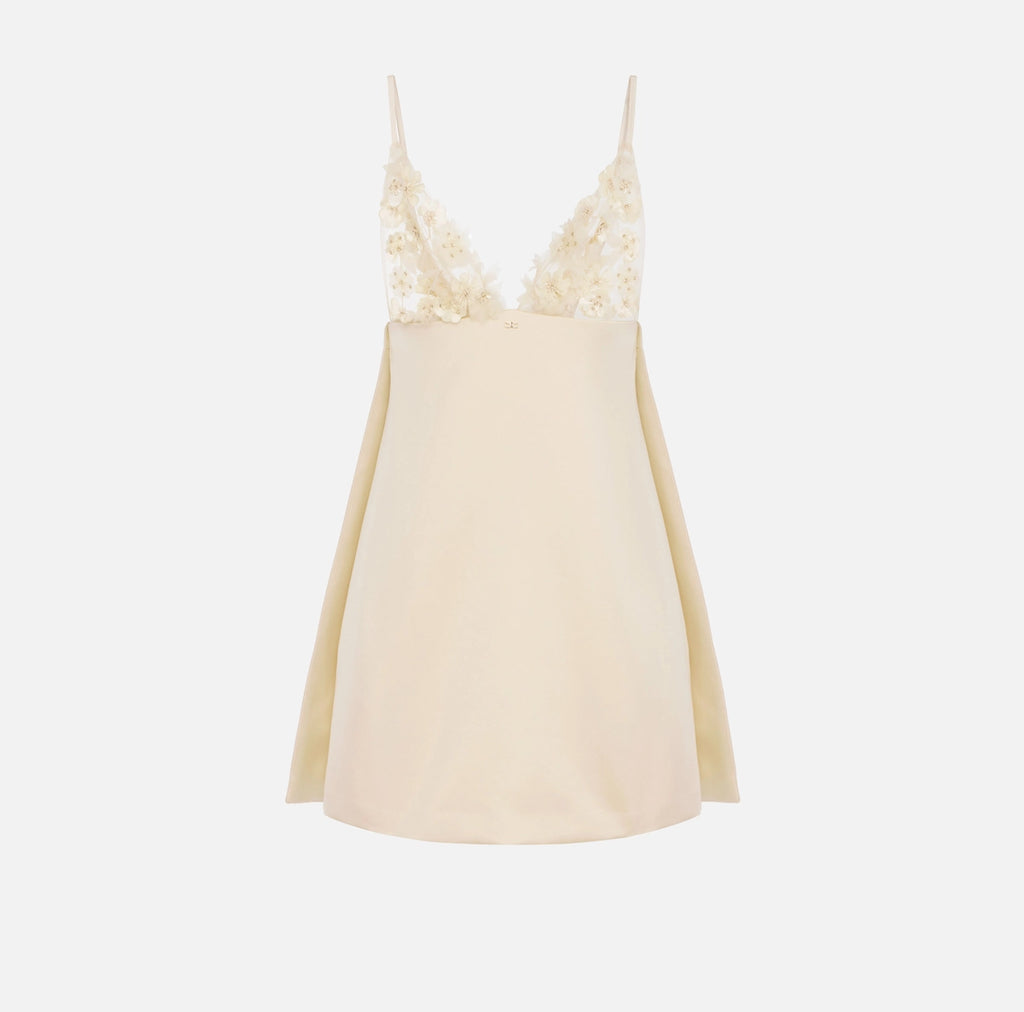 Cream duchesse satin baby doll mini dress with floral embroidery