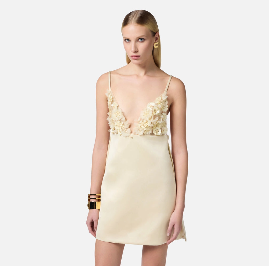 Cream duchesse satin baby doll mini dress with floral embroidery