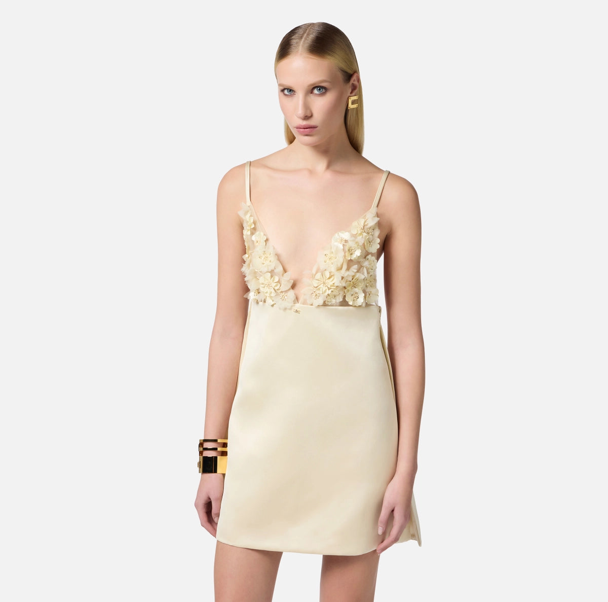 Cream duchesse satin baby doll mini dress with floral embroidery