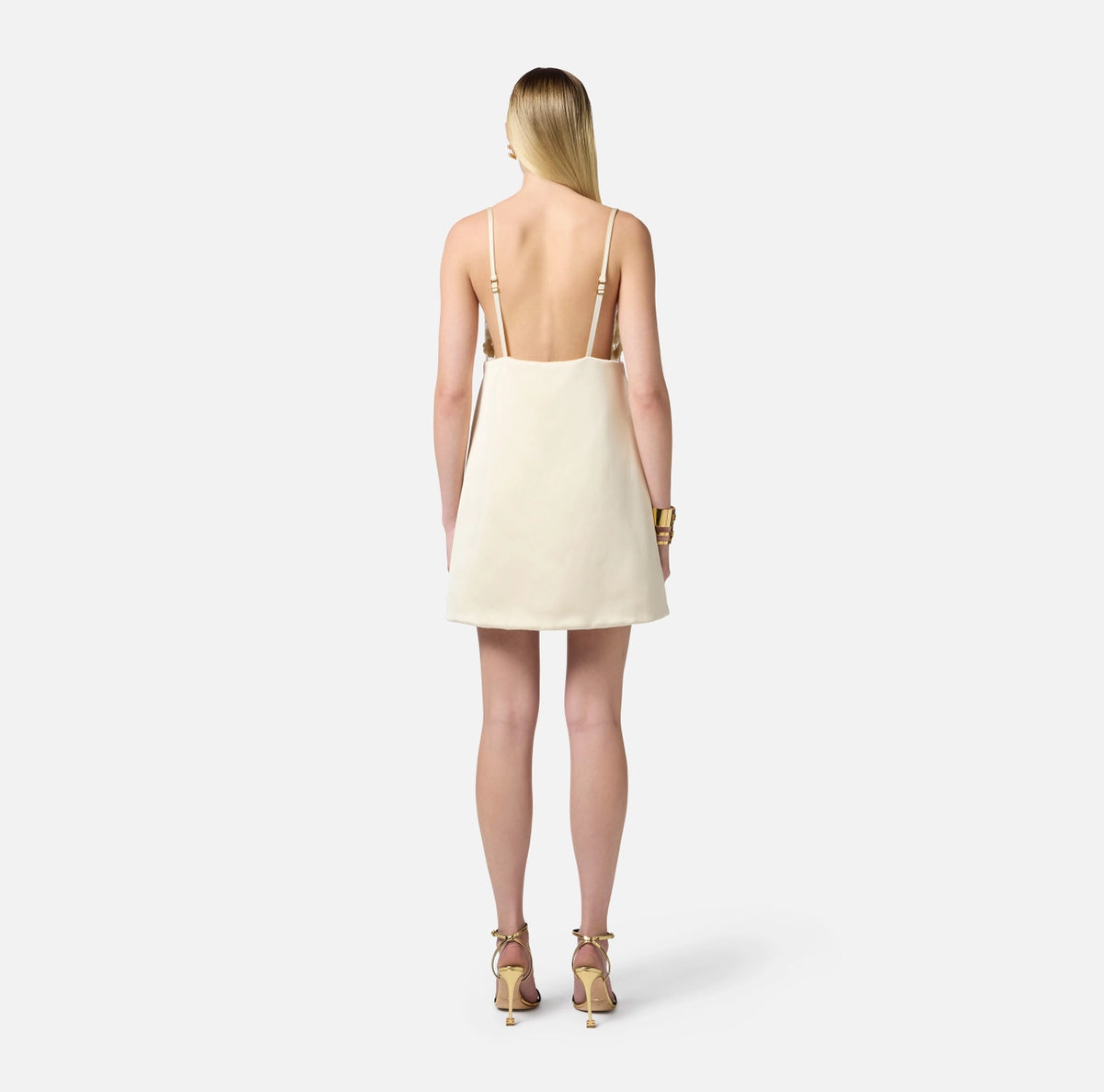 Cream duchesse satin baby doll mini dress with floral embroidery