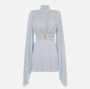 Baby blue plisse jersey mini dress with sleeves and bare back