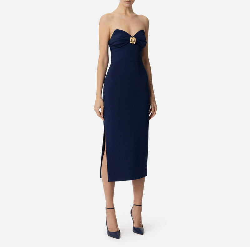 Navy strapless midi dress with maxi bow