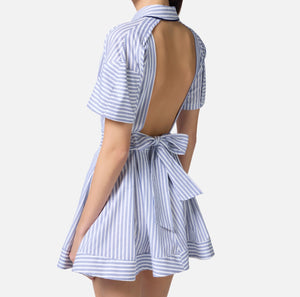 White navy striped cotton poplin dress with open back