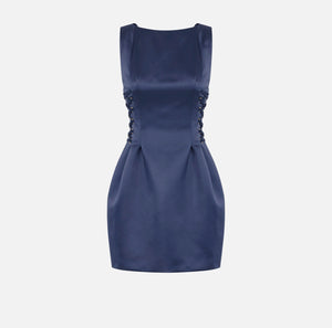 Navy satin mini dress with criss-cross detail