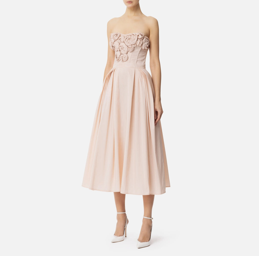 Dusty rose midi strapless full skirt dress with rose apliques