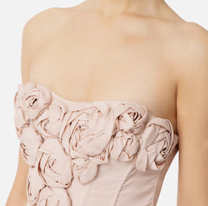 Dusty rose midi strapless full skirt dress with rose apliques