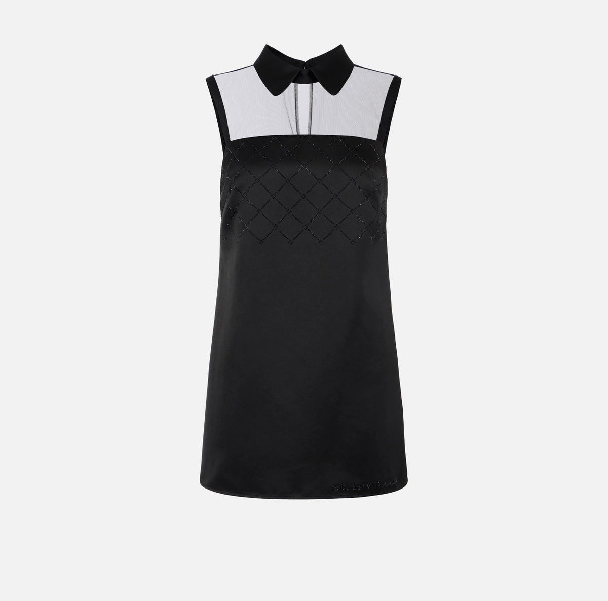 Black dress in duchess satin with tulle and rhinestones