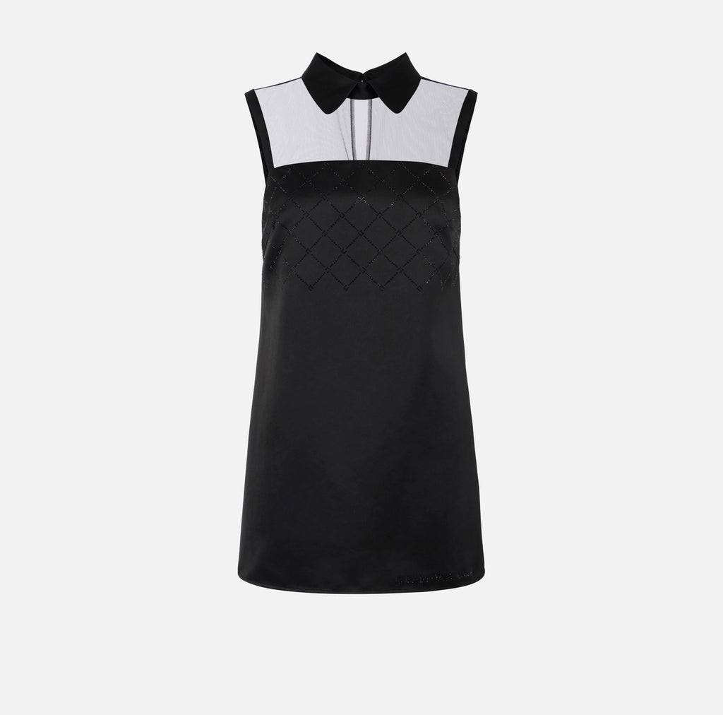 Black dress in duchess satin with tulle and rhinestones