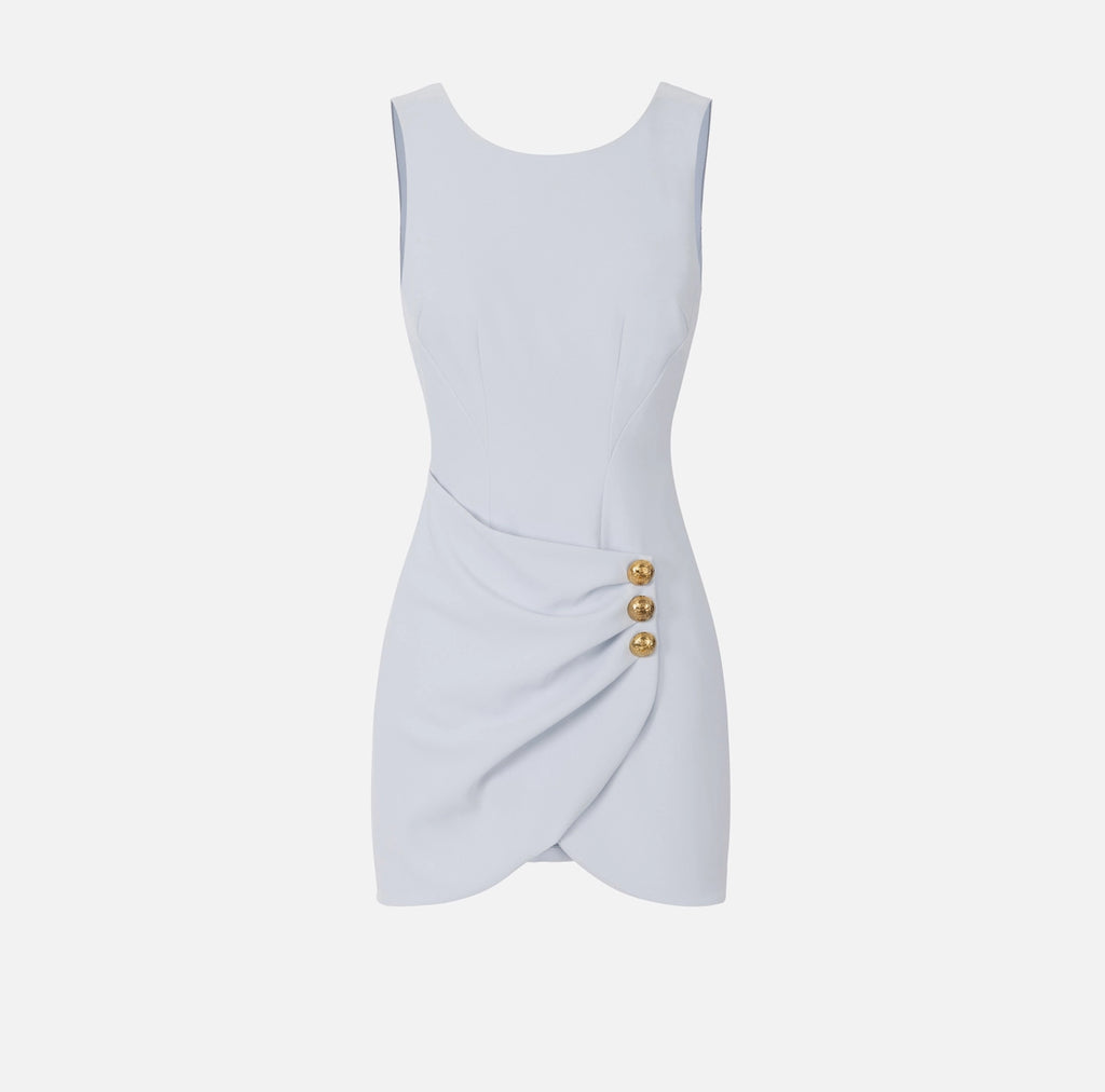 Baby blue short dress with draped front and gold buttons