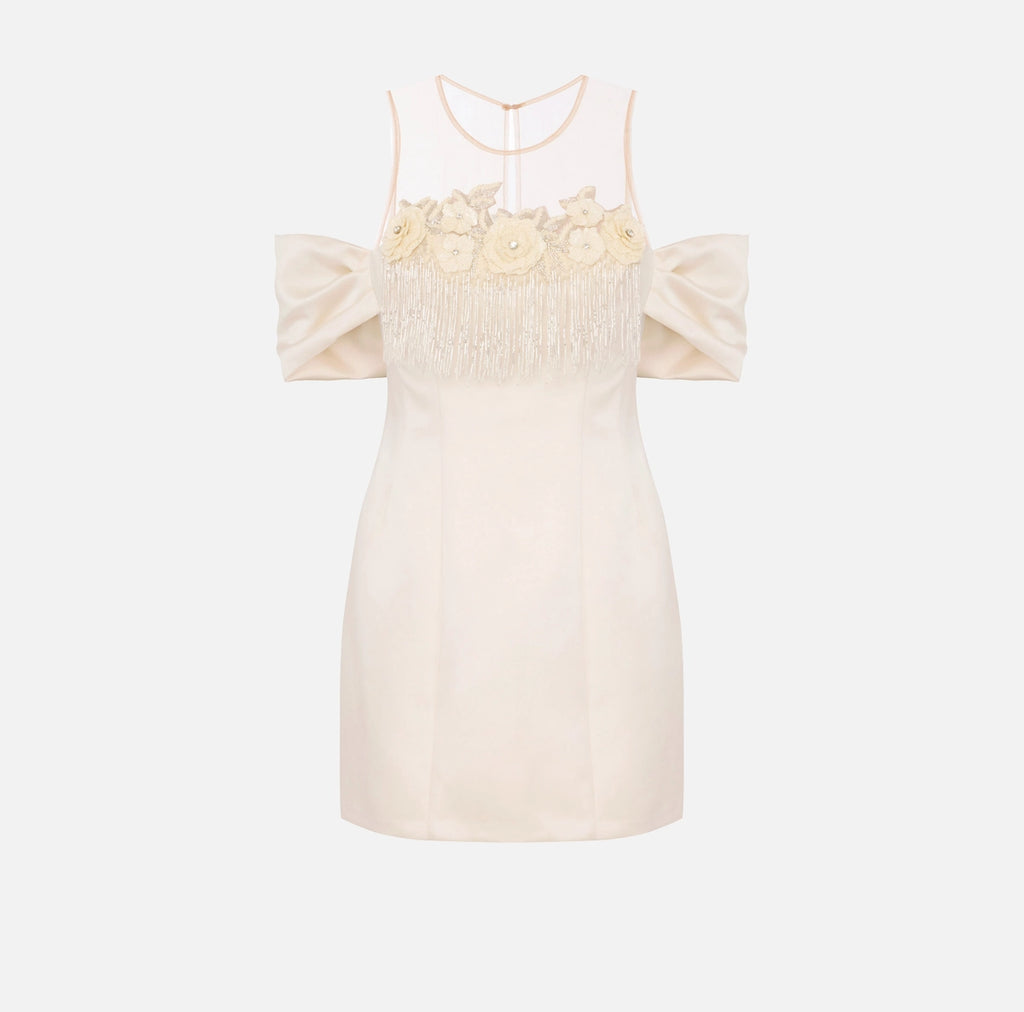 Ivory duchess satin mini dress with embroidered flowers and crystals
