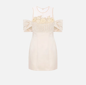 Ivory duchess satin mini dress with embroidered flowers and crystals