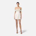 Ivory duchess satin mini dress with embroidered flowers and crystals