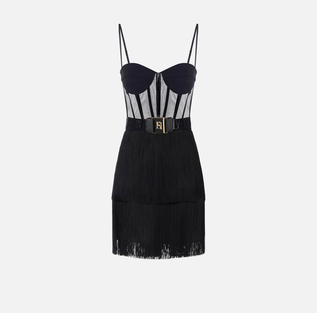 Black tulle and fringe dress