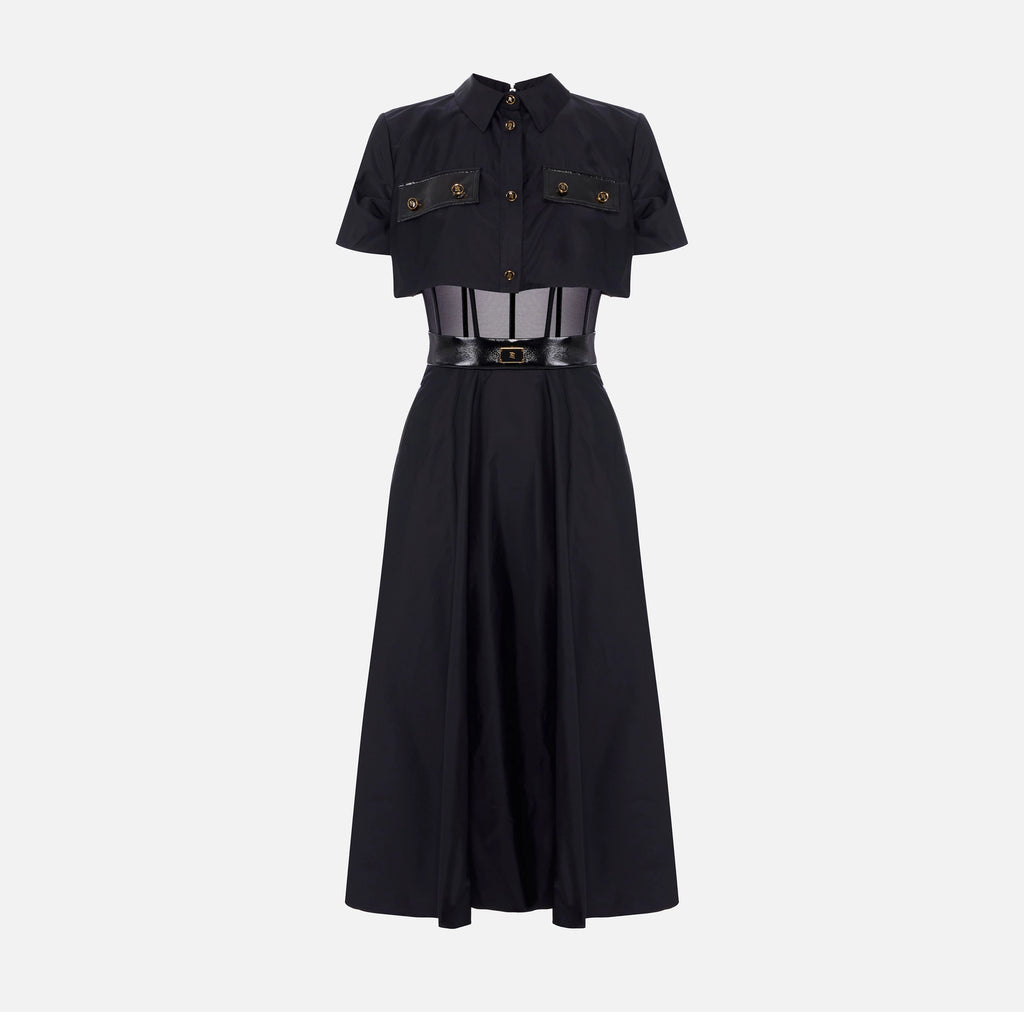 Black full skirt midi dress with vinyl details