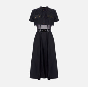 Black full skirt midi dress with vinyl details