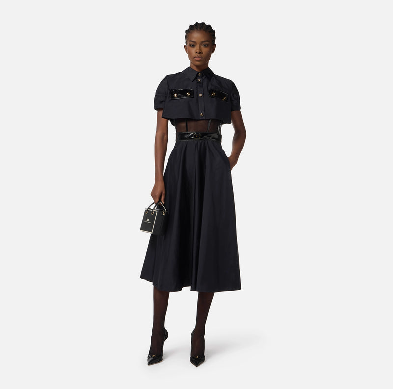 Black full skirt midi dress with vinyl details