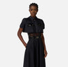 Black full skirt midi dress with vinyl details