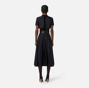 Black full skirt midi dress with vinyl details