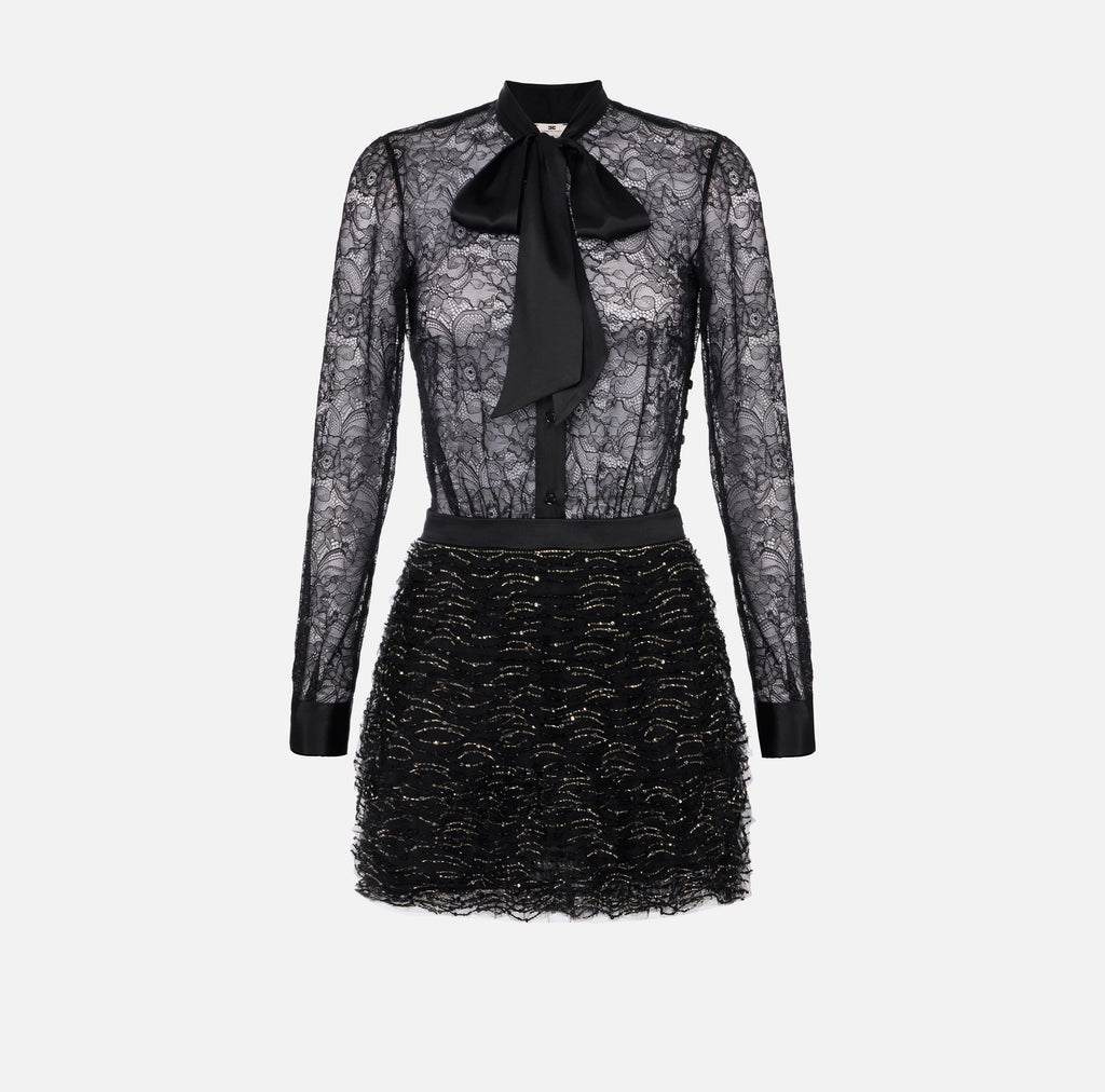 Black lace and ruffle detachable skirt dress