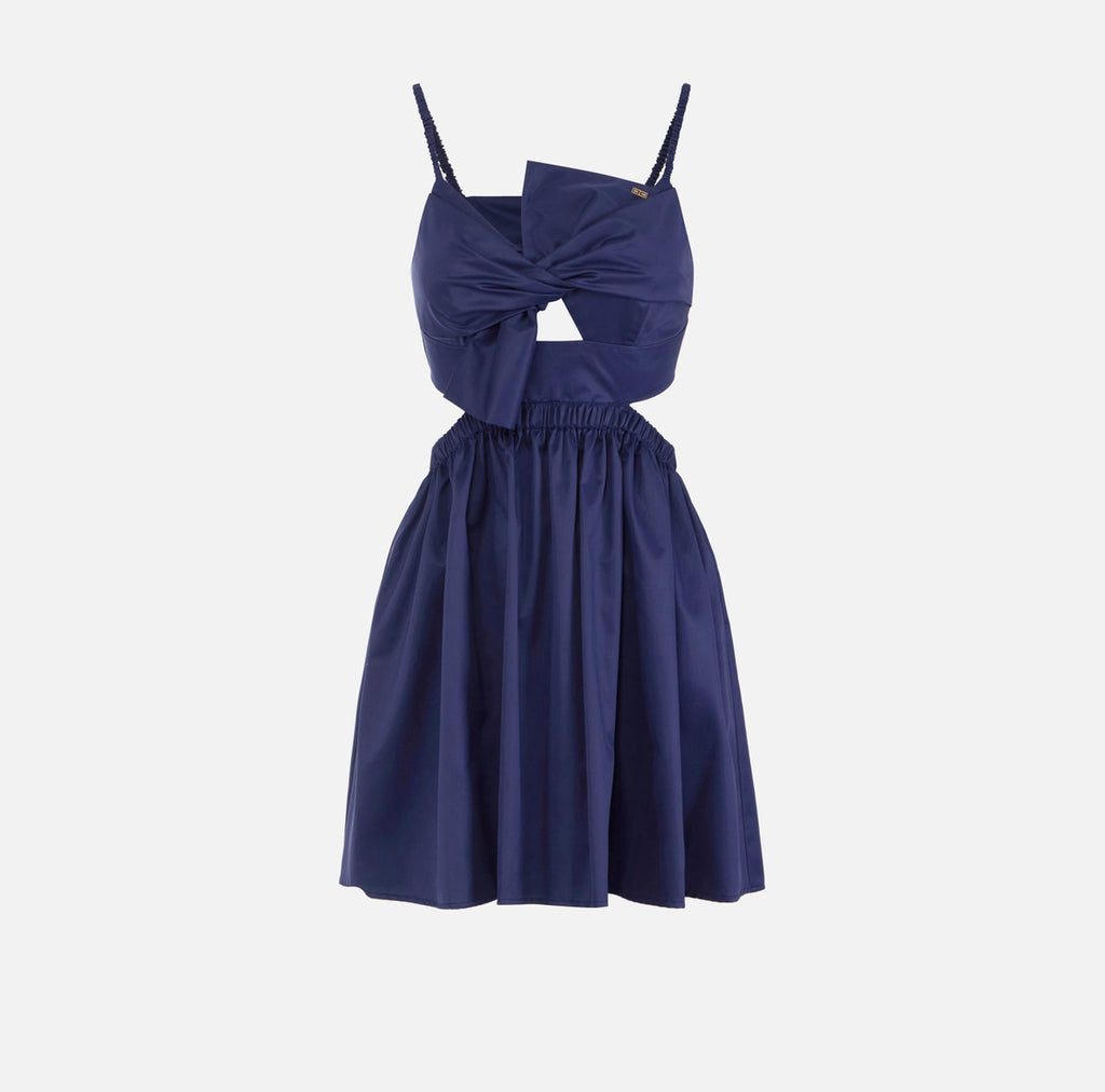 Navy cotton poplin maxi bow open back mini dress