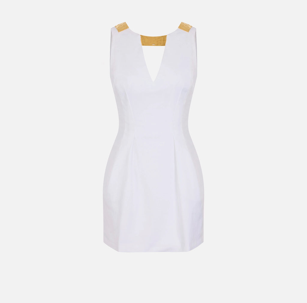 Ivory cotton mini dress with gold plaque