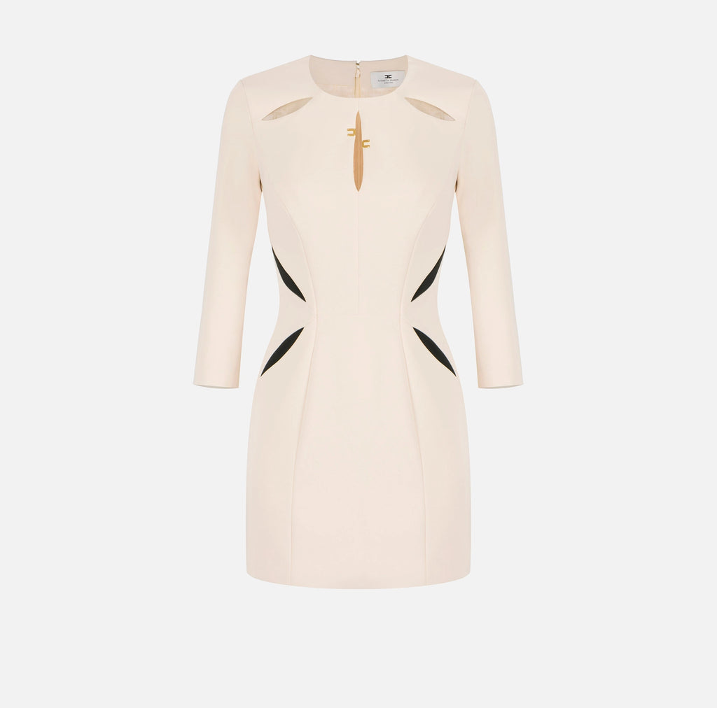 Ivory mini dress with 3/4 sleeves and black insert design