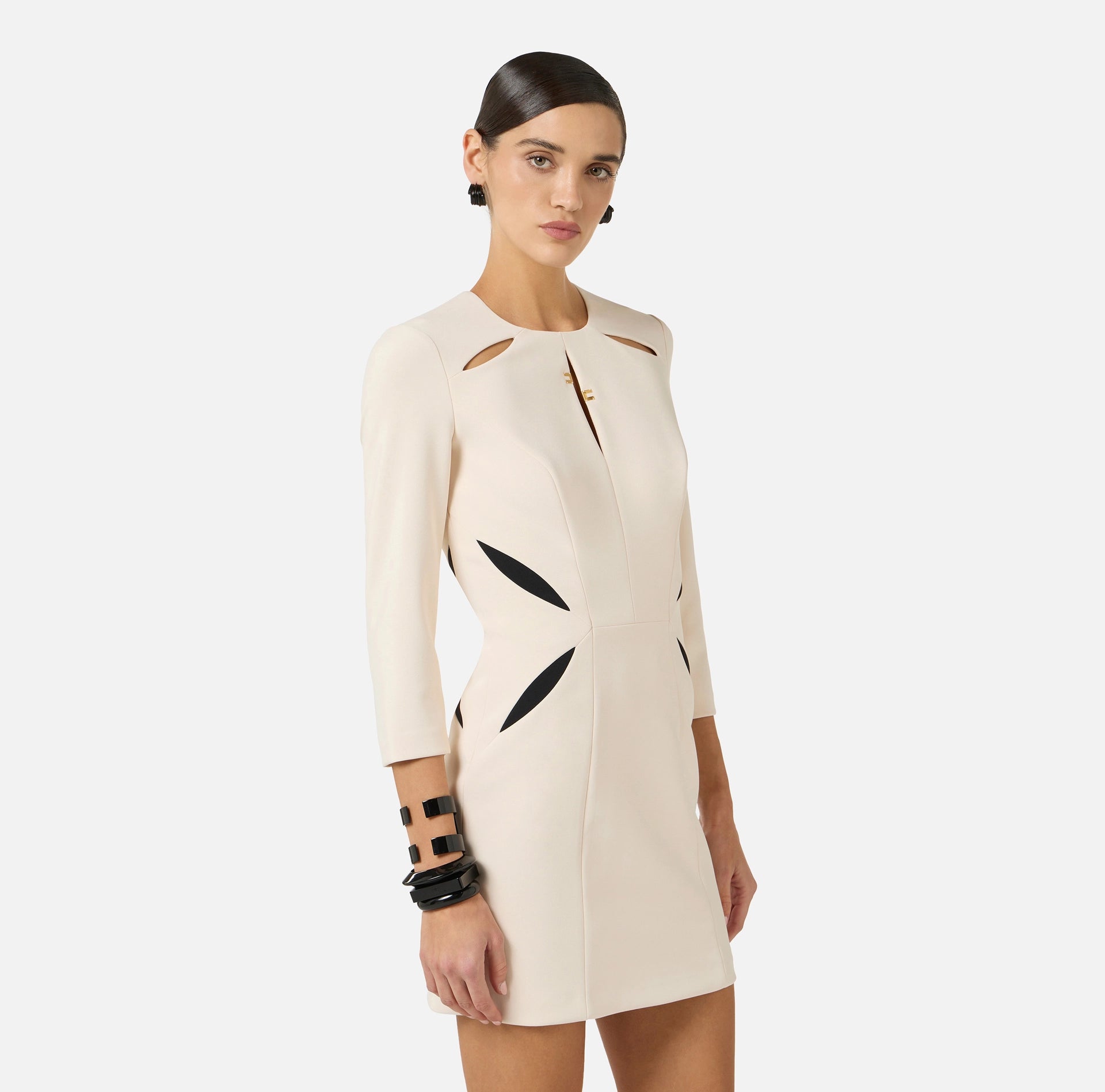Ivory mini dress with 3/4 sleeves and black insert design – BU Club