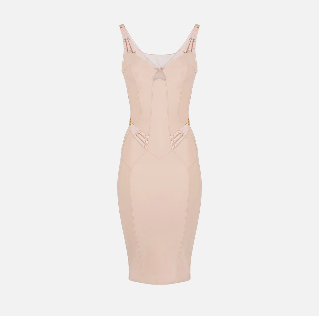 Nude lightweight jersey and tulle dress with elastic straps