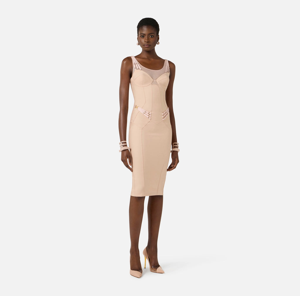 Nude lightweight jersey and tulle dress with elastic straps