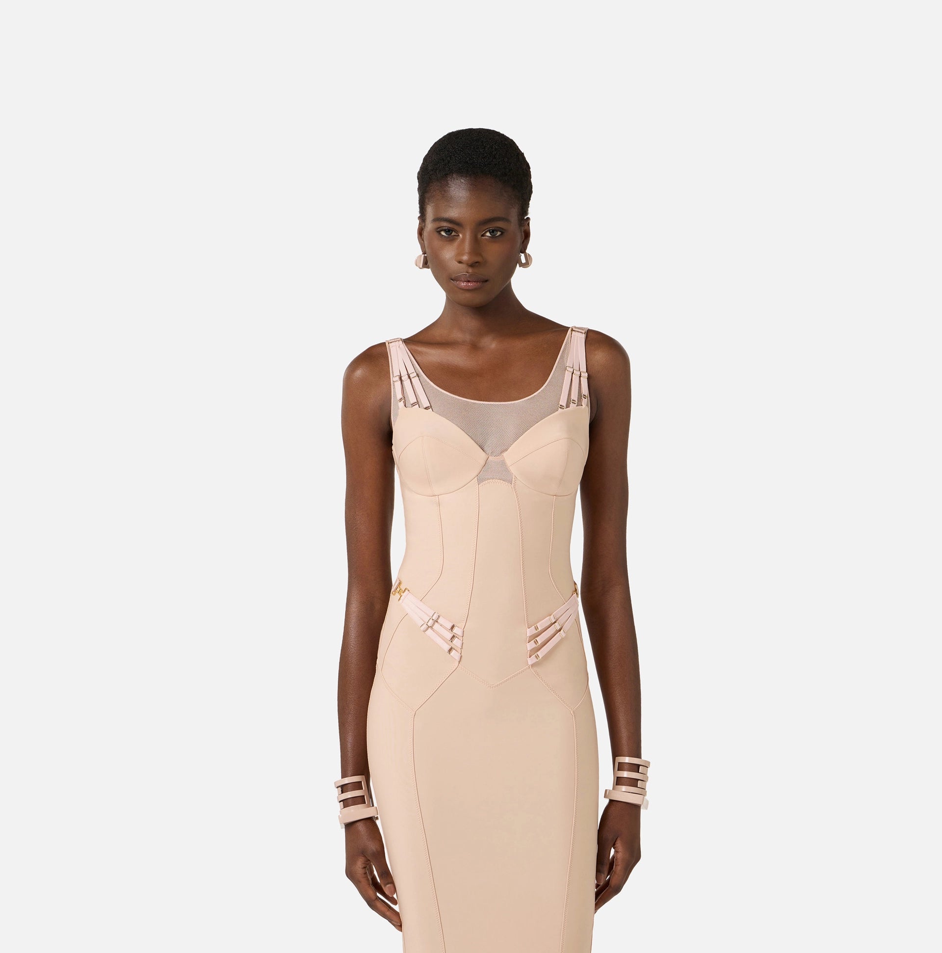 Nude lightweight jersey and tulle dress with elastic straps
