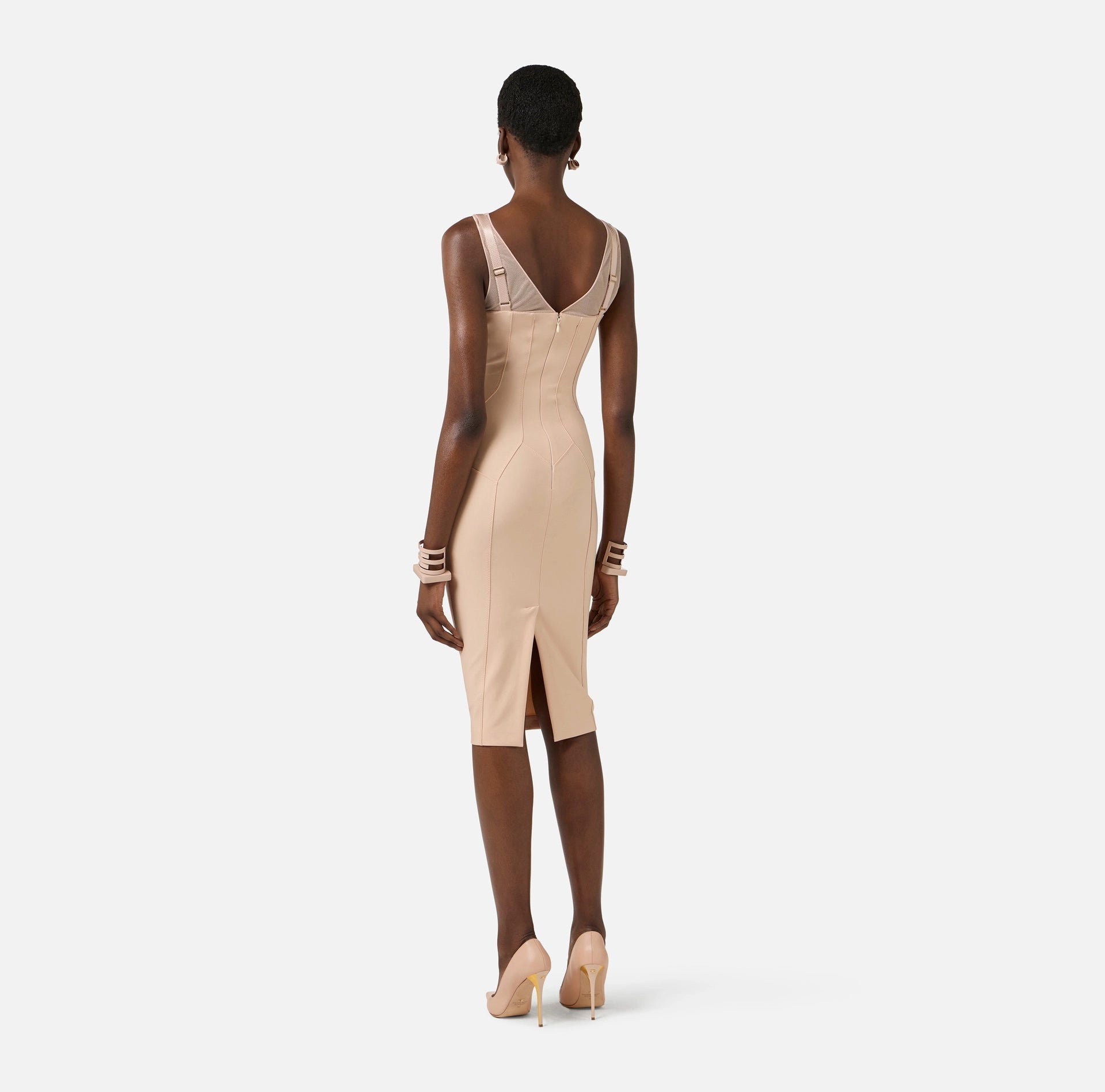 Nude lightweight jersey and tulle dress with elastic straps