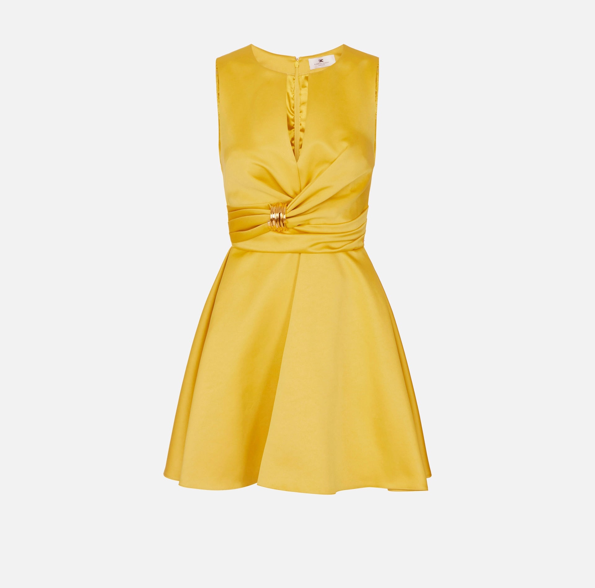 Yellow duchess satin dress with golden jewel
