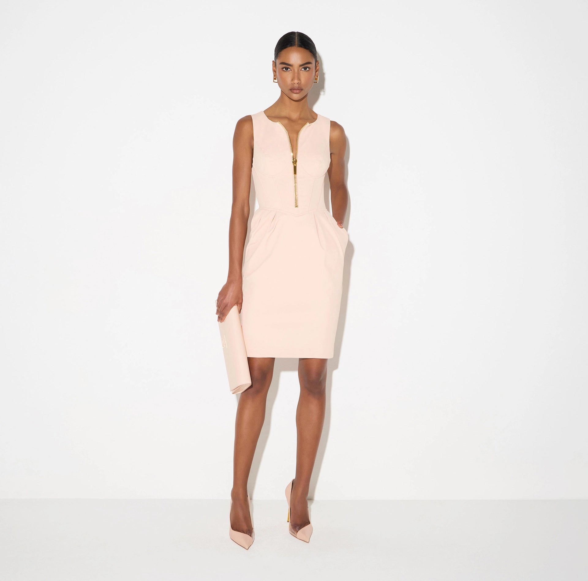Nude technical fabric dress with zip and pockets