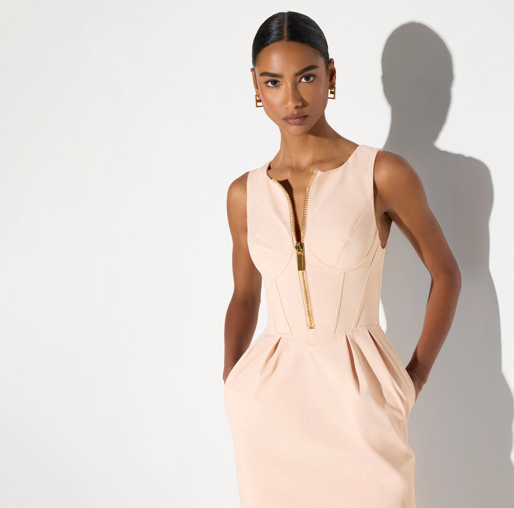 Nude technical fabric dress with zip and pockets