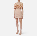 Nude duchess satin mini dress with front ruffle