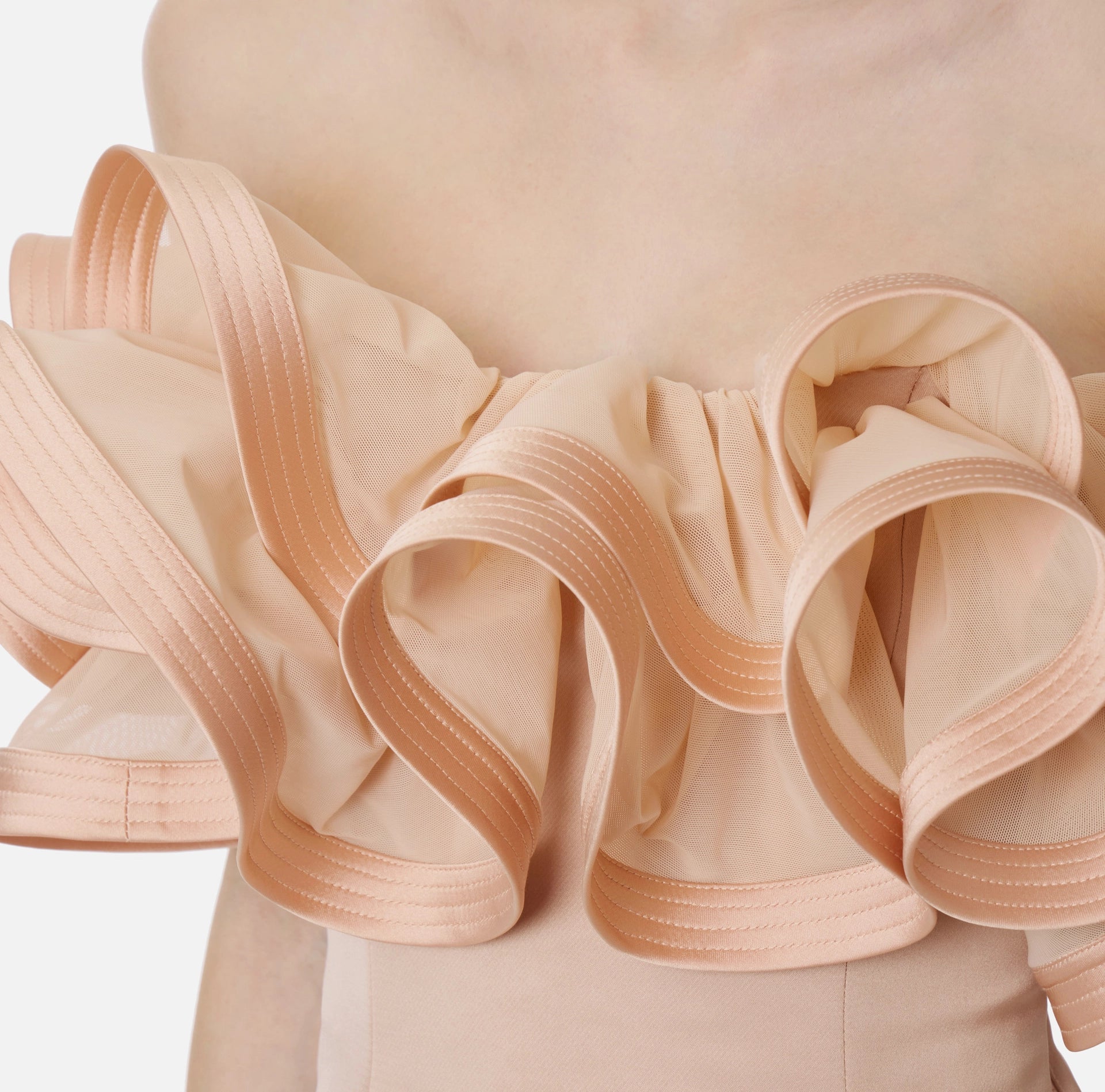 Nude duchess satin mini dress with front ruffle