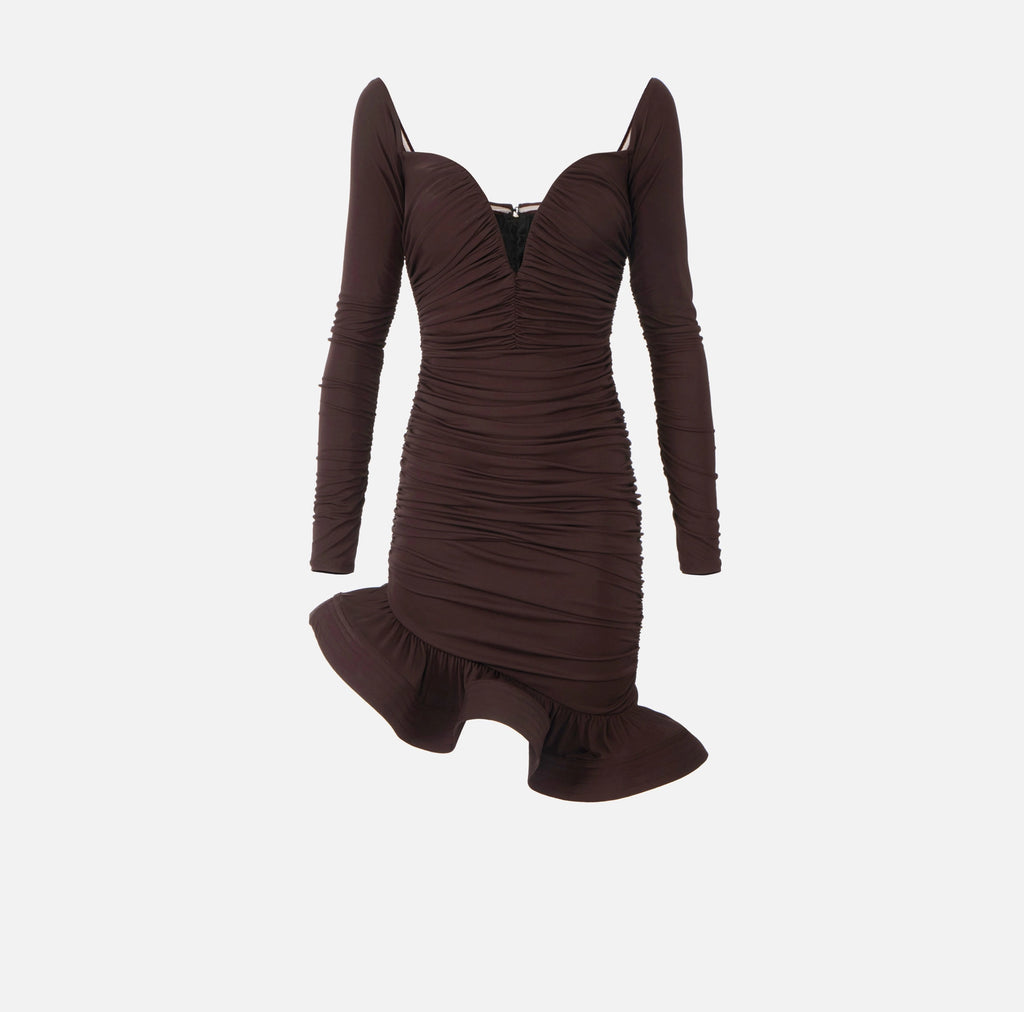 Chocolate Jersey Mini Dress with Flounce