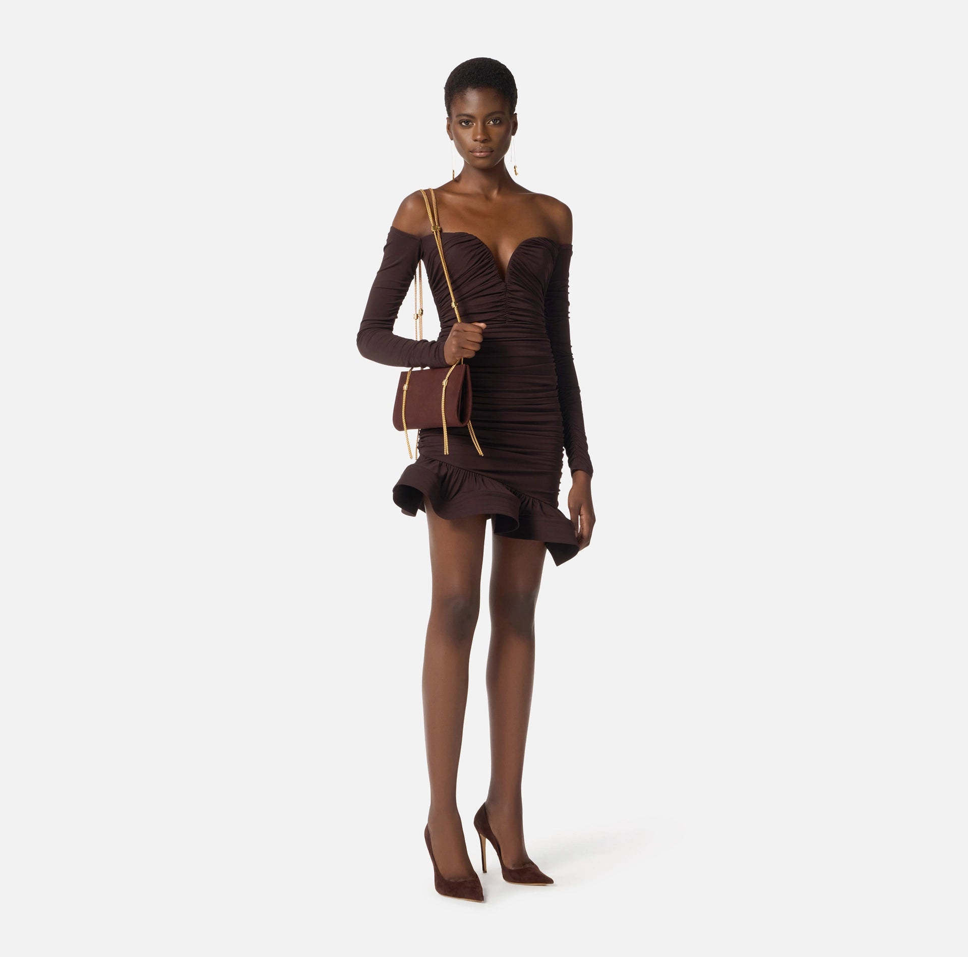 Chocolate Jersey Mini Dress with Flounce