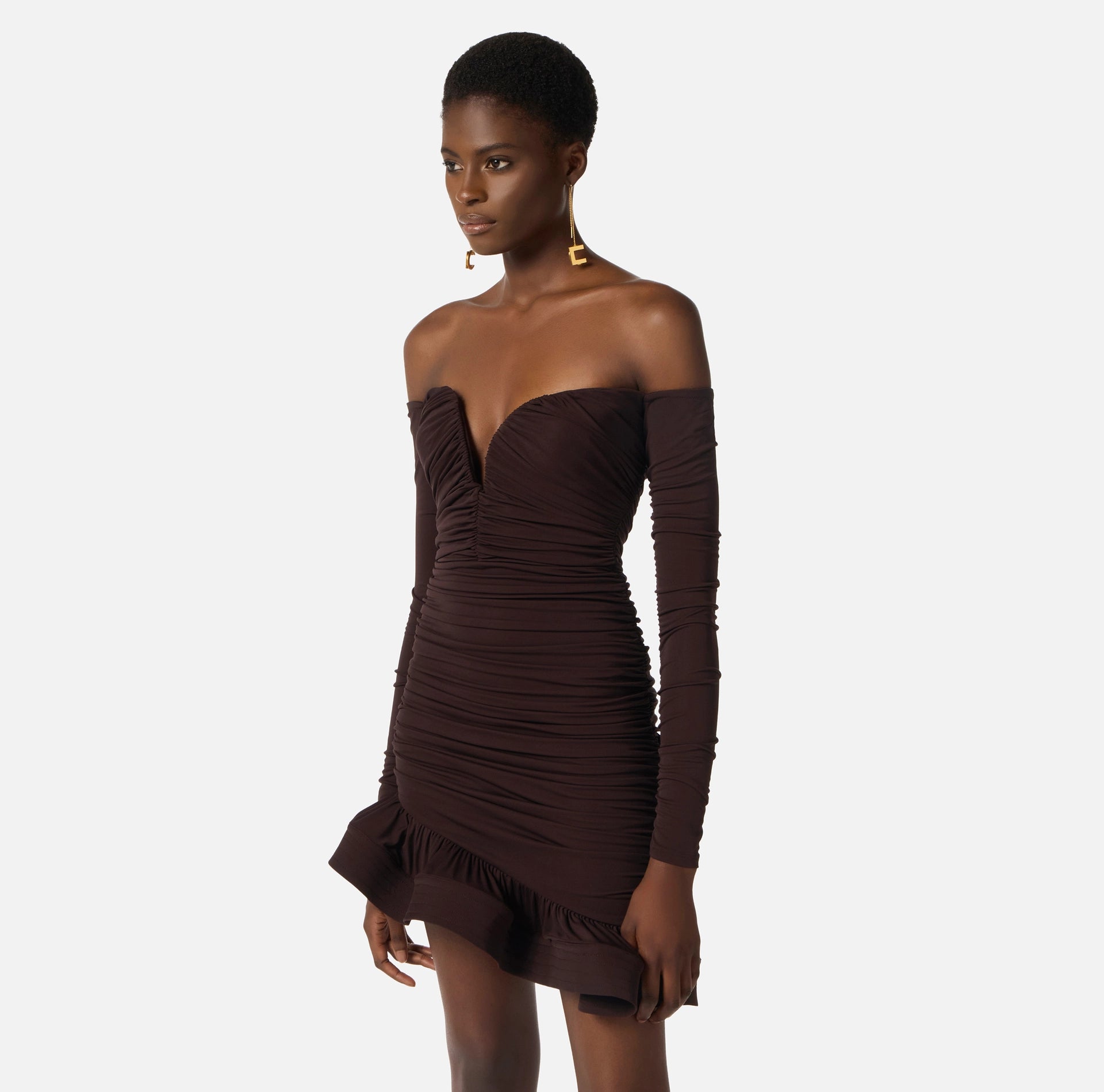 Chocolate Jersey Mini Dress with Flounce