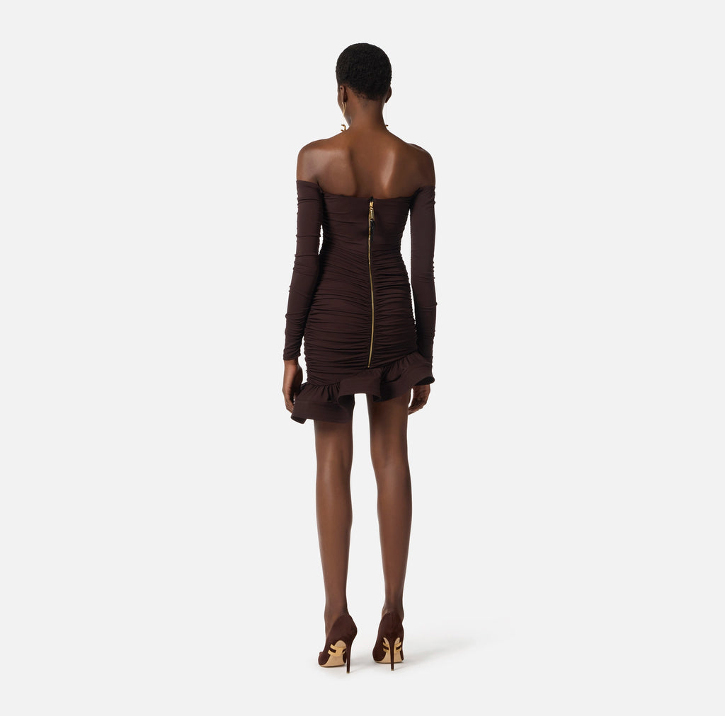 Chocolate Jersey Mini Dress with Flounce