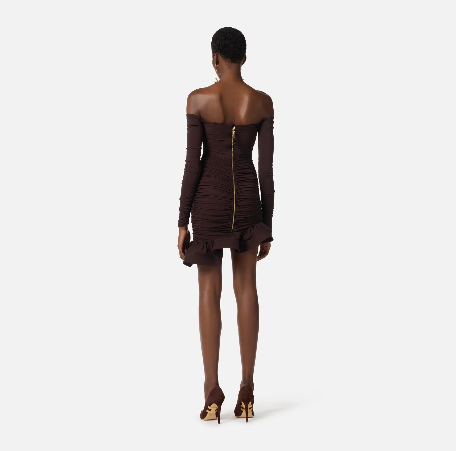 Chocolate Jersey Mini Dress with Flounce