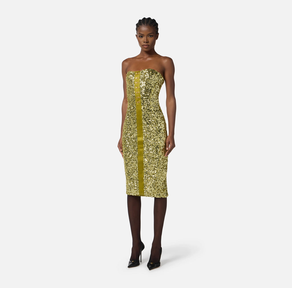 Lime sequin bustier midi dress