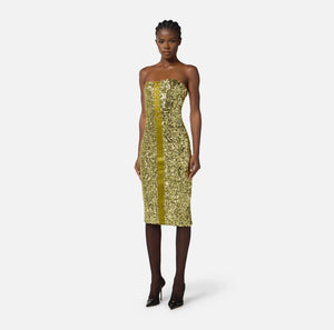 slim fit dress slacks Celestina Embellished Corset A-line Mini Dress in Black Gold Foil