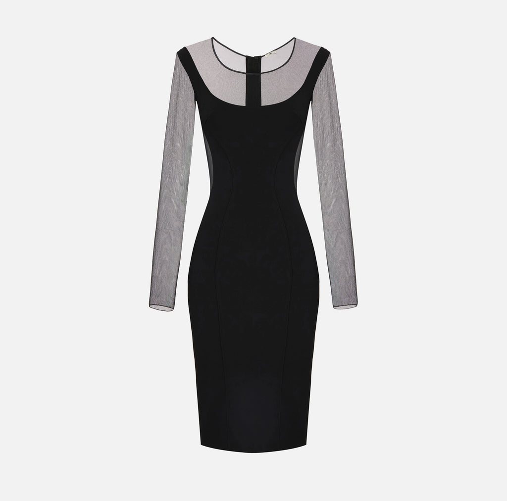 Black pencil off shoulder tulle fabric cut outs dress