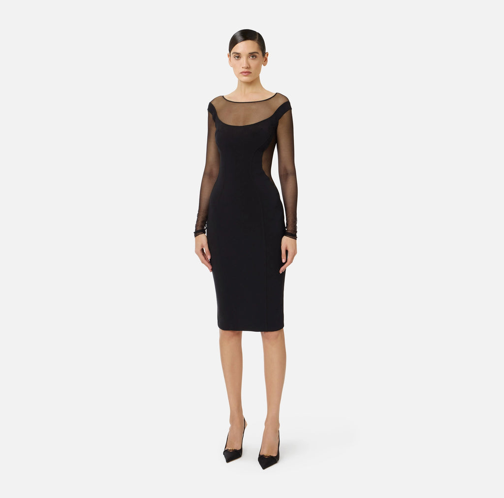 Black pencil off shoulder tulle fabric cut outs dress