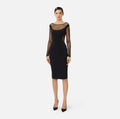 Black pencil off shoulder tulle fabric cut outs dress