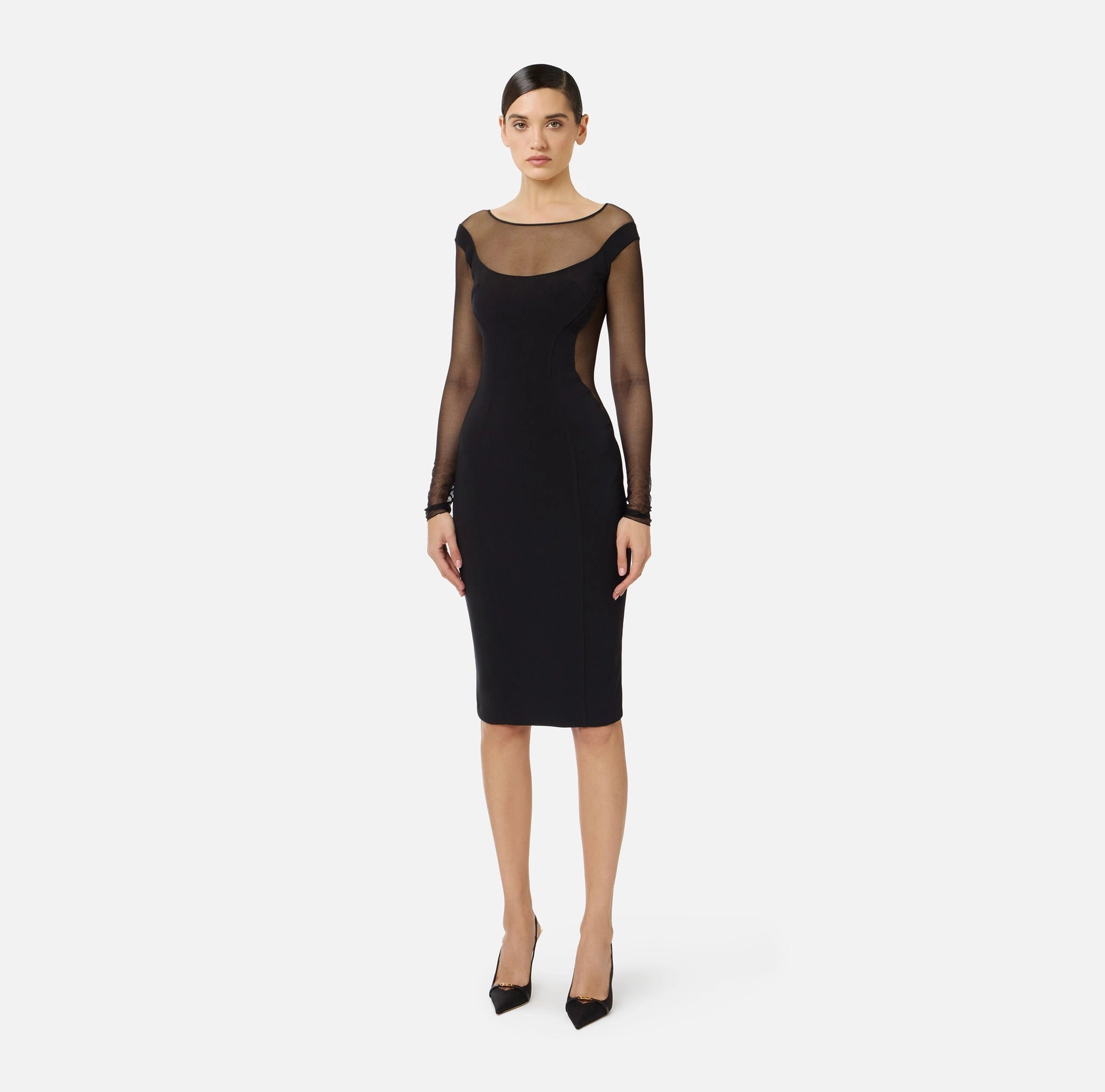 Black pencil off shoulder tulle fabric cut outs dress