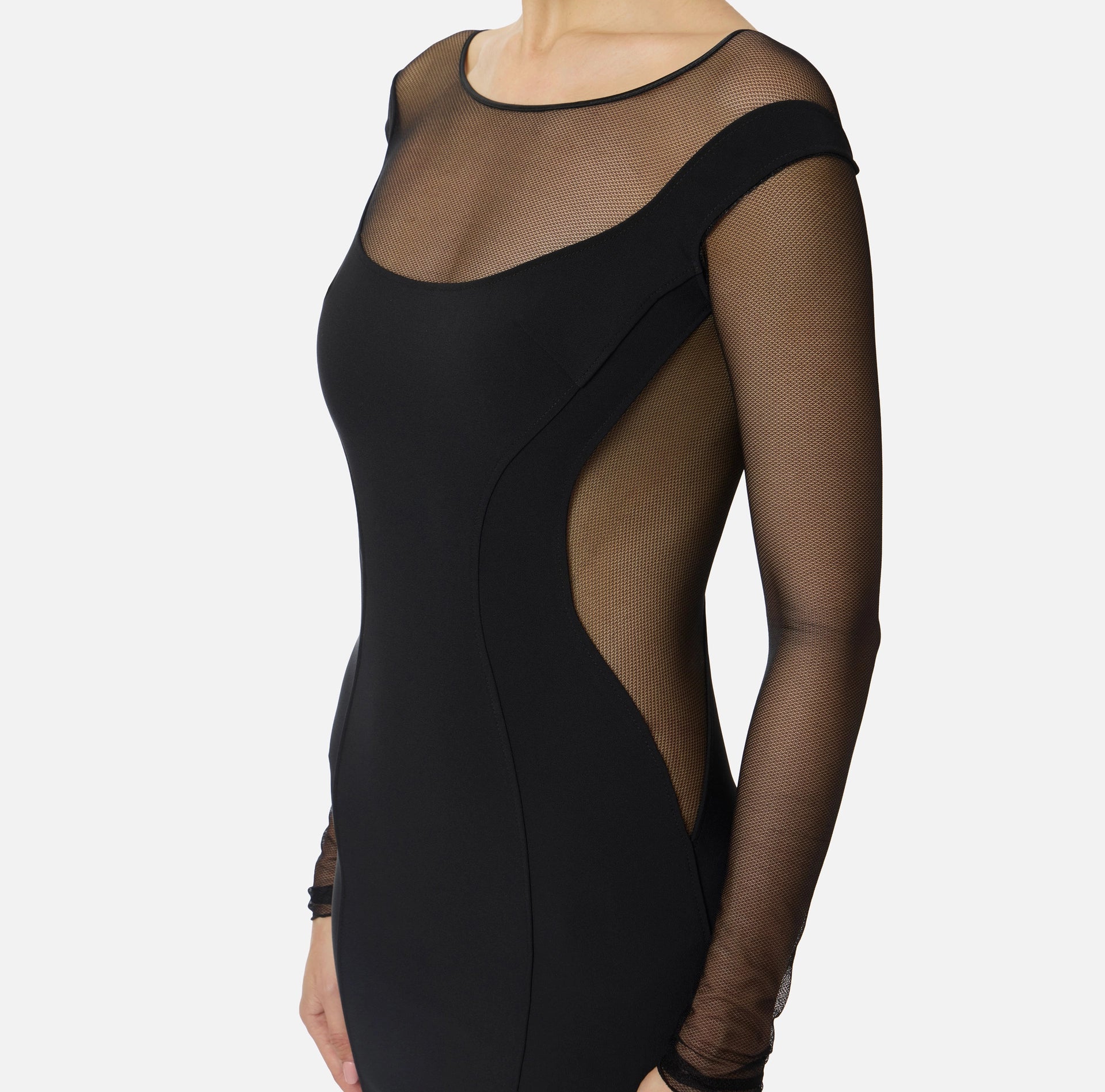 Black pencil off shoulder tulle fabric cut outs dress