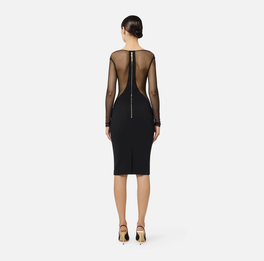 Black pencil off shoulder tulle fabric cut outs dress